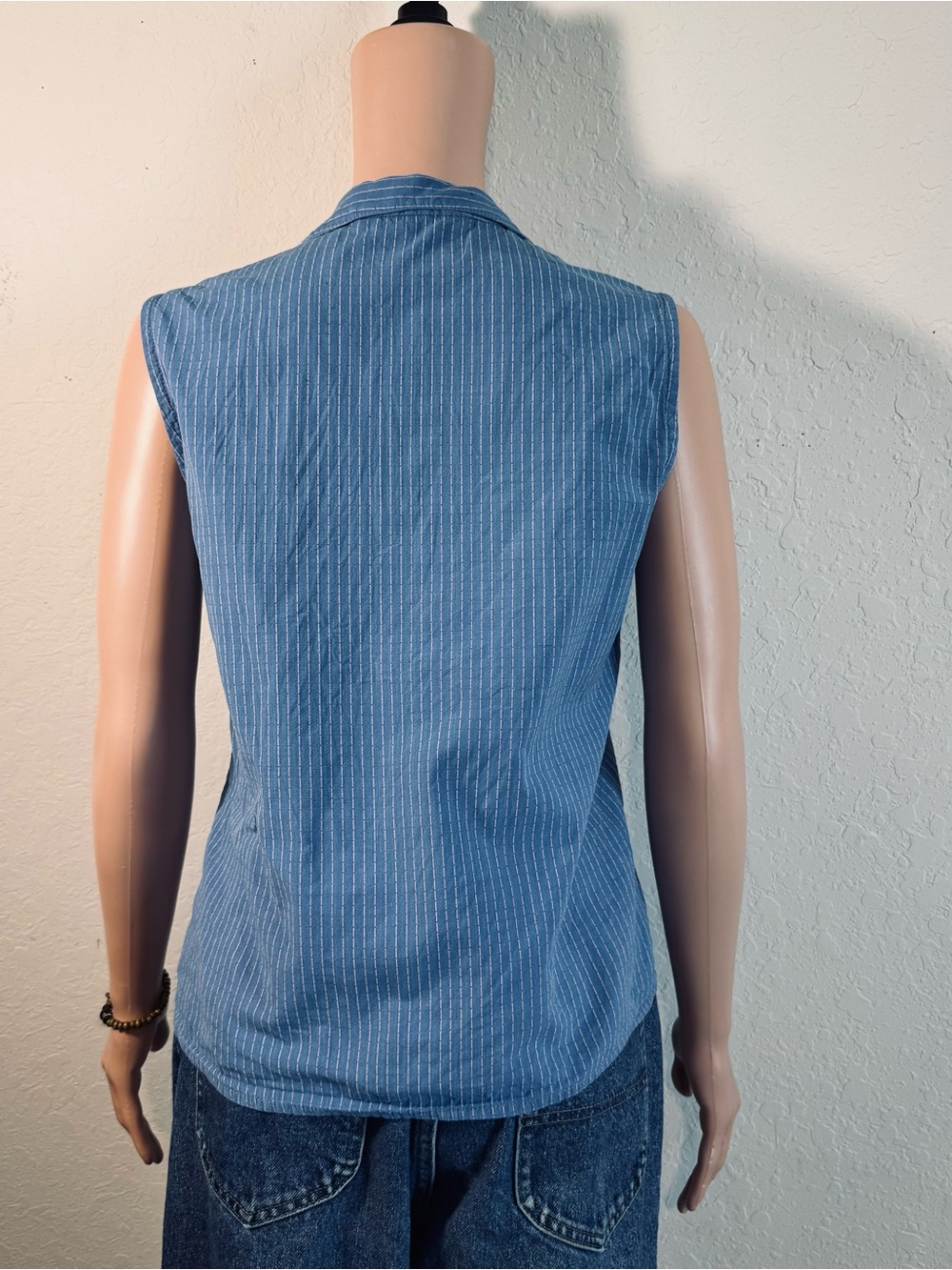 Sleeveless Blue Pinstripe Button-Front Women's Top - Picture 4 of 6